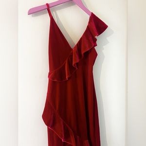 Red velvet ruffle midi dress
